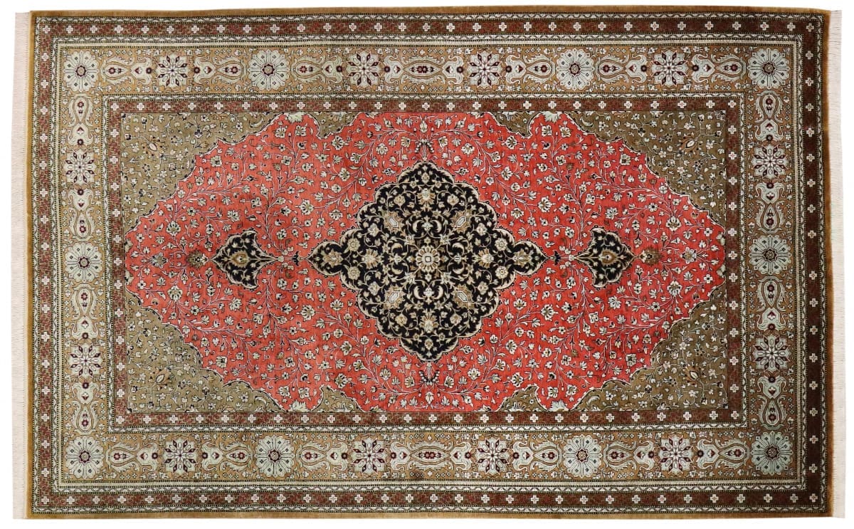 Alter Ghom Seidenteppich 227x141 cm, Naturfarben, handgeknüpft