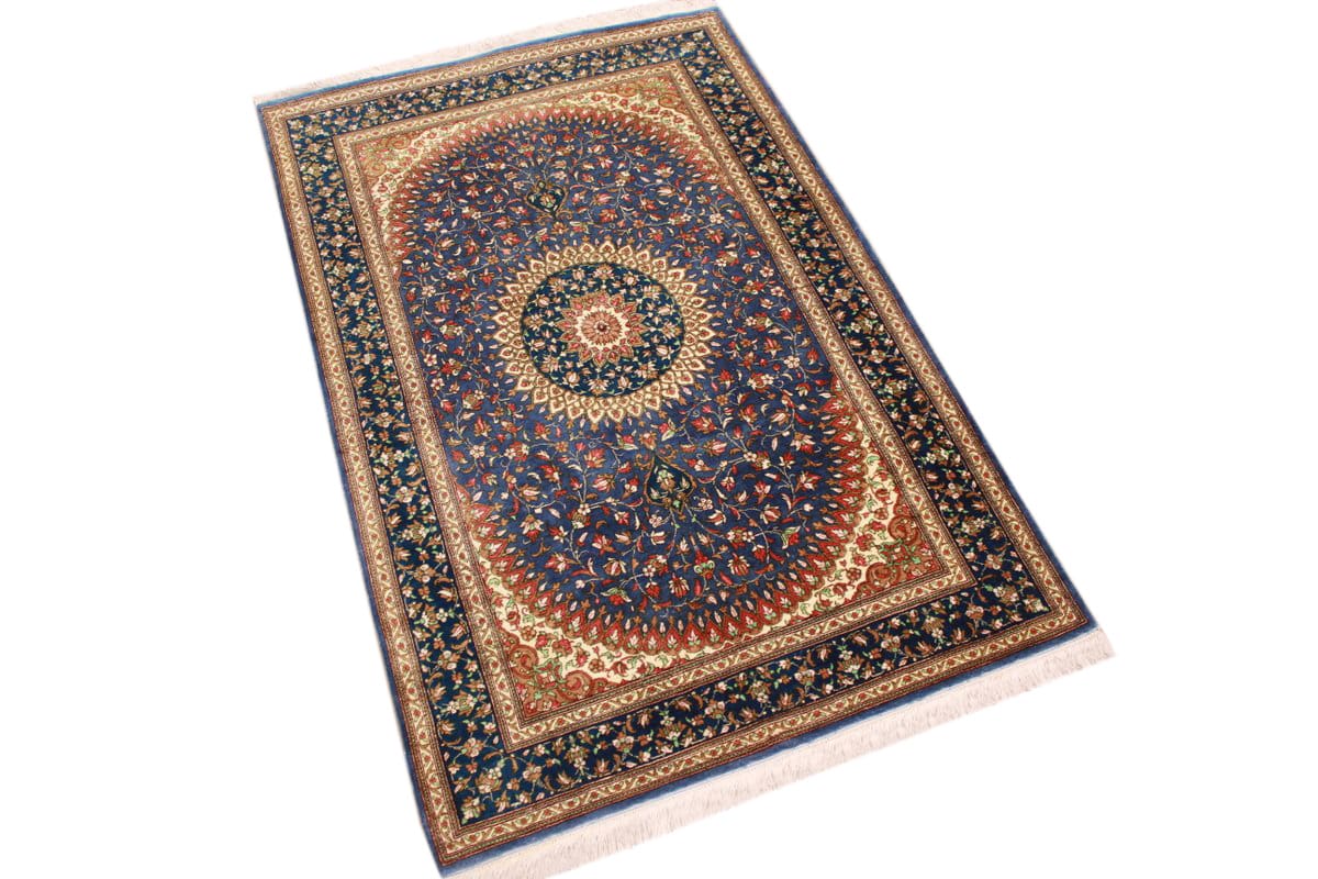 Reiner Seidenteppich Ghom 122x79 cm Blau, feingliedrig, handgeknüpft