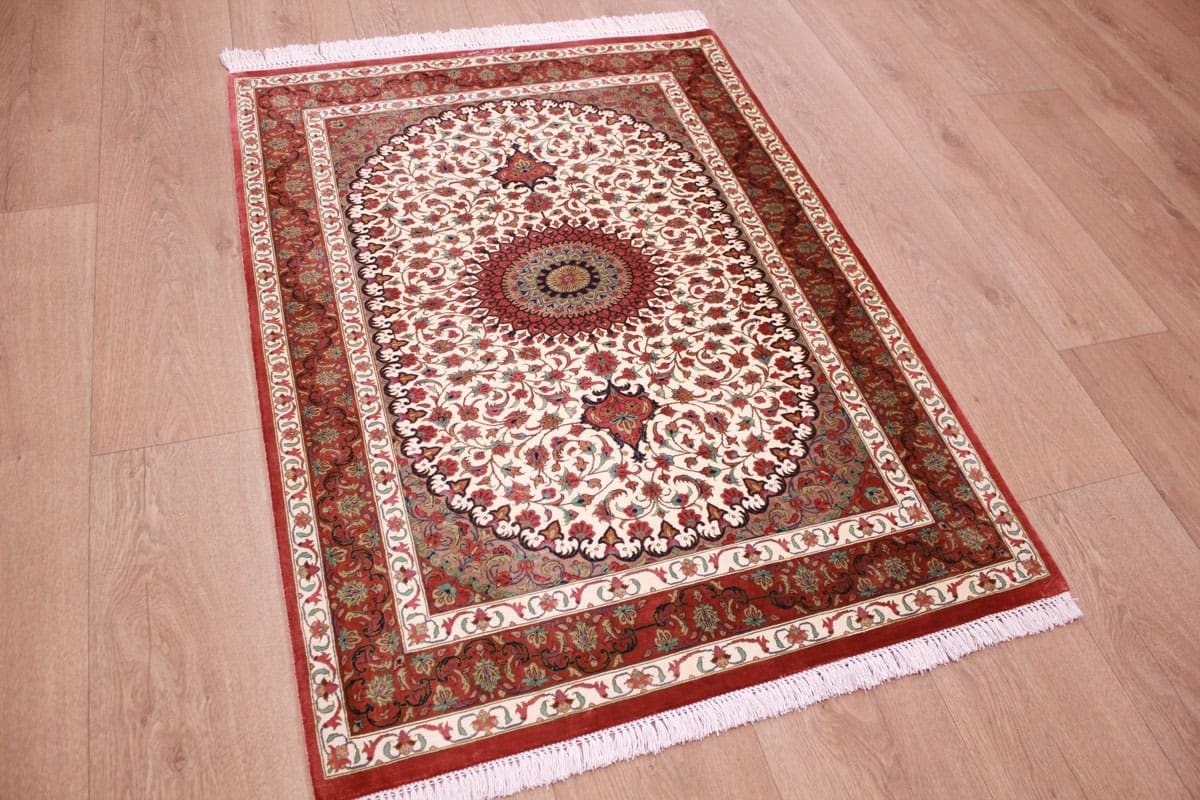 Perser Teppich Ghom 200x150 cm, Seidenteppich, harmonische Farben, handgeknüpft