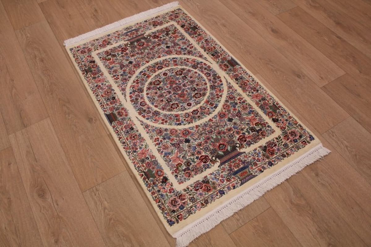 Exklusiver Seidenteppich Ghom 119x75 cm, Elfenbein, handgeknüpft