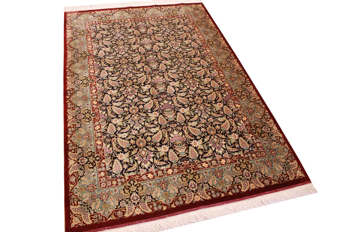 Seidenteppich Ghom 155x101 cm Dunkelblau, handgeknüpft, Perserteppich