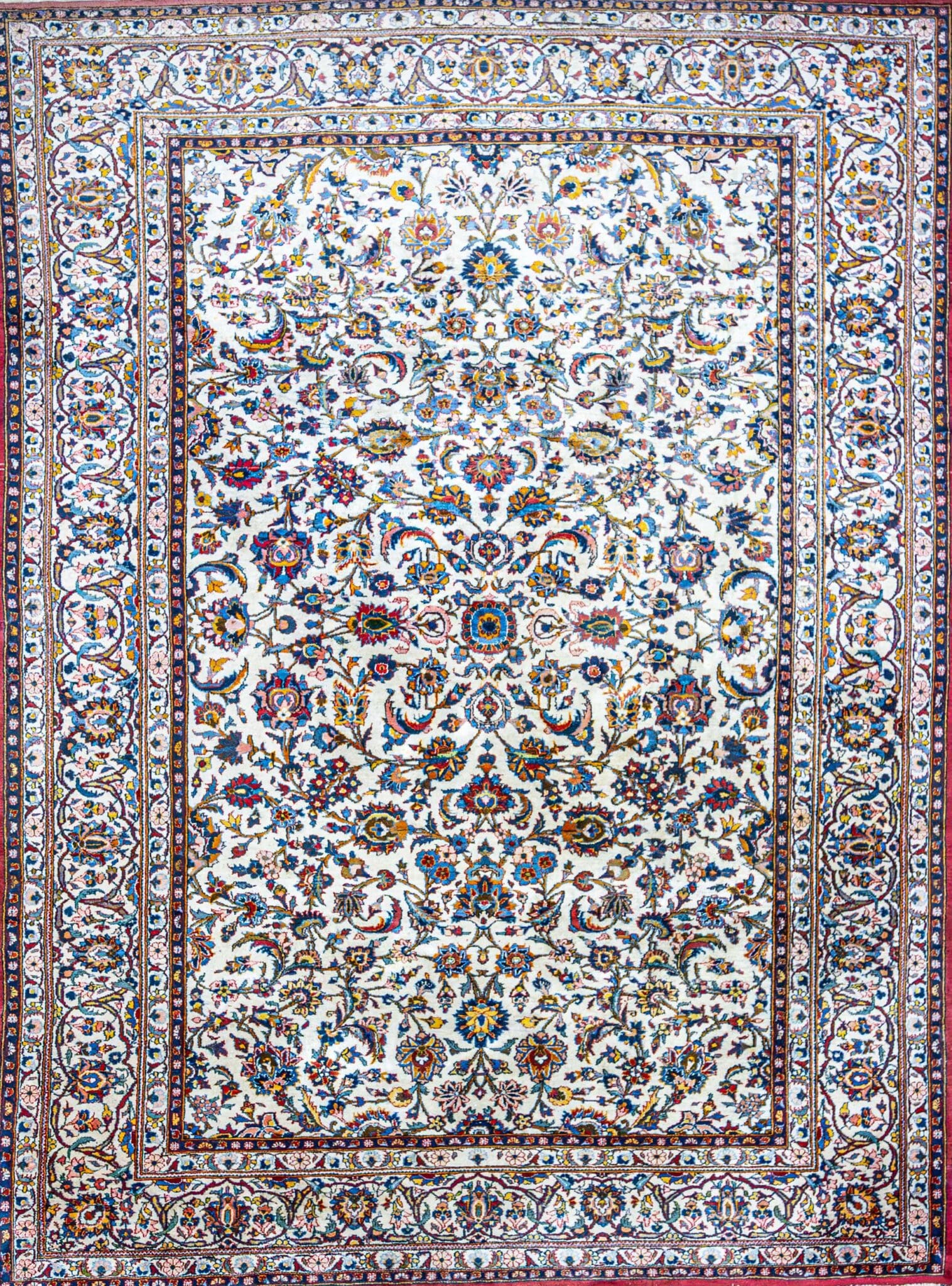 (Verkauft) 297×213cm ORIGINAL Handgeknüpfter iranischer Kashan Perserteppich – Florale Motive – Seltene doppelte Randfarbe – Patina – ca. 1970–1980 W1(#433)
