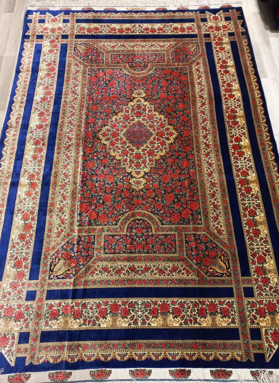 NEU 300×200 cm Handgeknüpfter ORIGINAL Rahmani Ghom Seidenteppich „Rose – Blue Edition“ | 6,00 m² | 70 Raj | 7.188.300 Knoten | 100 % Seide