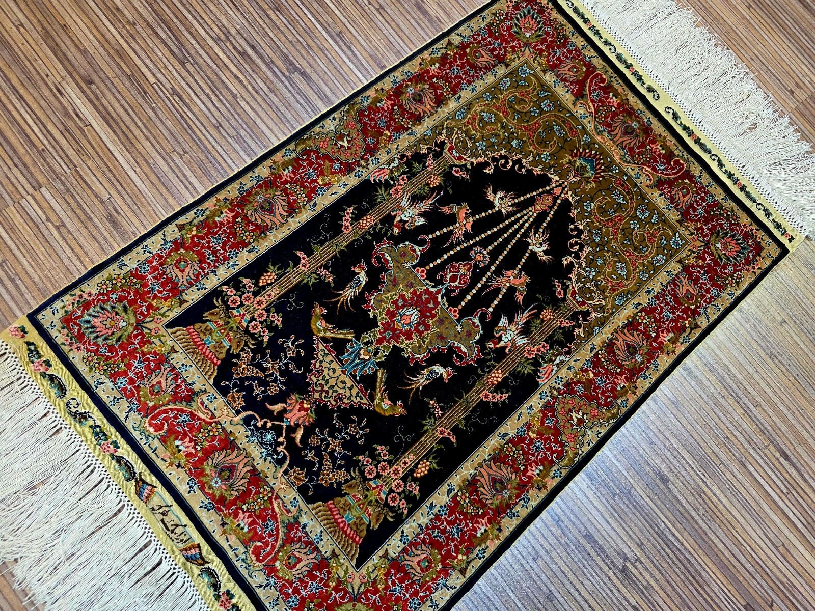 Orientteppich Hereke 66 x 43 cm Seide handgeknüpft blau vintage