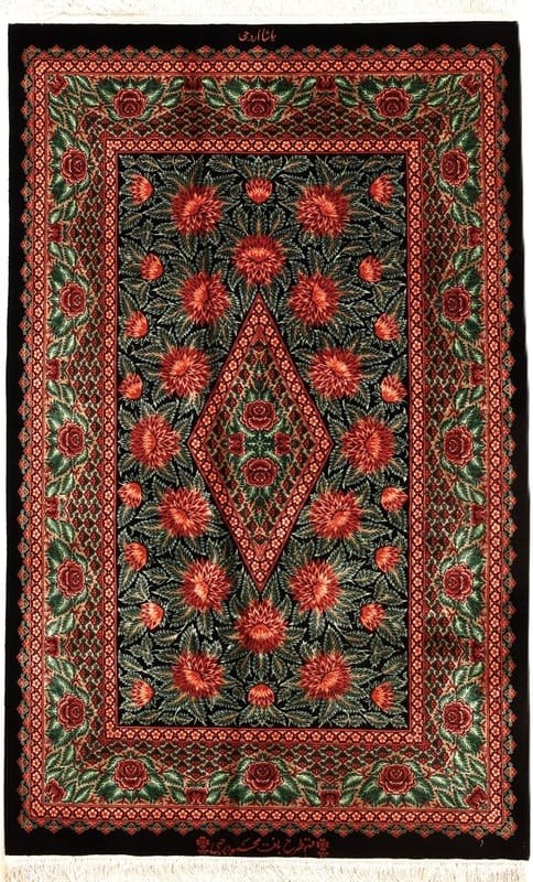 Perserteppich Ghom 125 x 78 cm Seide handgeknüpft grün oliv
