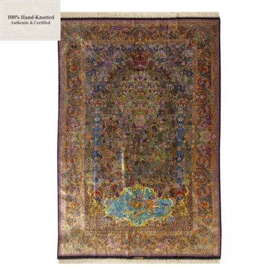 Perserteppich Qom 300 x 200 cm Seide 70 Raj 1 Mio. Knoten/Qm handgeknüpft Tauben-Muster „Amir“ signiert