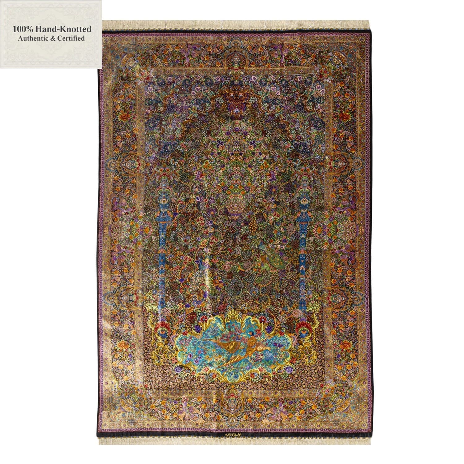Perserteppich Qom 300 x 200 cm Seide 70 Raj 1 Mio. Knoten/Qm handgeknüpft Tauben-Muster "Amir" signiert H1