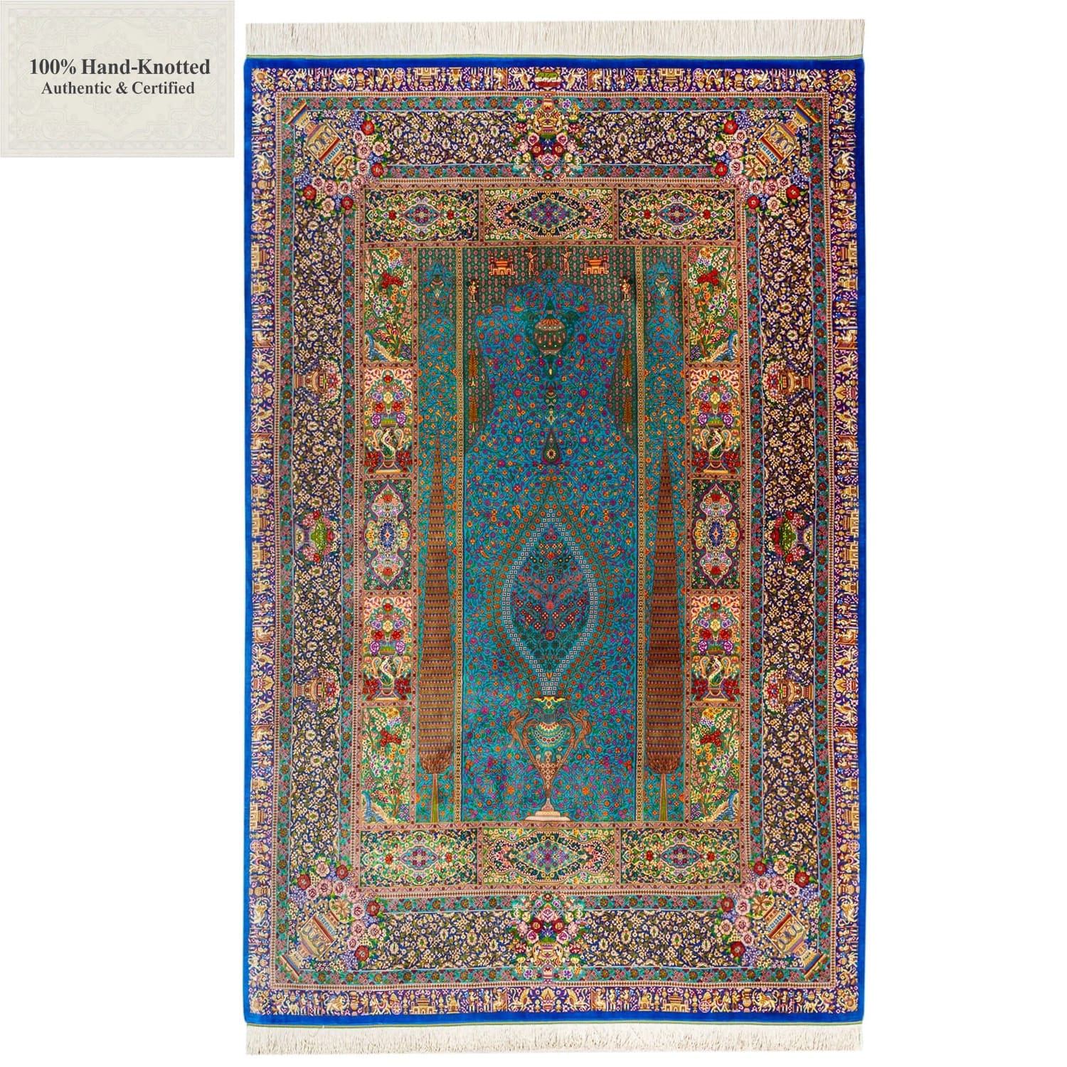 Perserteppich Qom 200 x 136 cm Seide handgeknüpft "Arablou" signiert H1