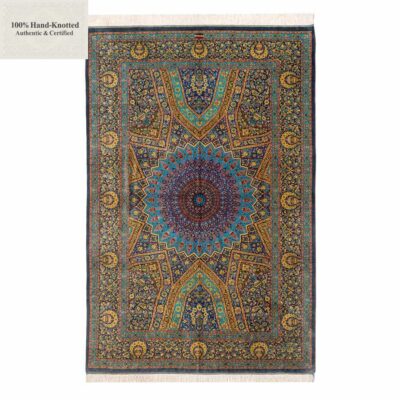 Perserteppich Qom 202 x 133 cm Seide 70 Raj 1.1Mio./Qm handgeknüpft „Arablou“ signiert