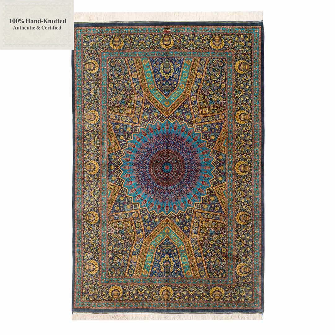 Perserteppich Qom 202 x 133 cm Seide 70 Raj 1.1Mio./Qm handgeknüpft "Arablou" signiert H1