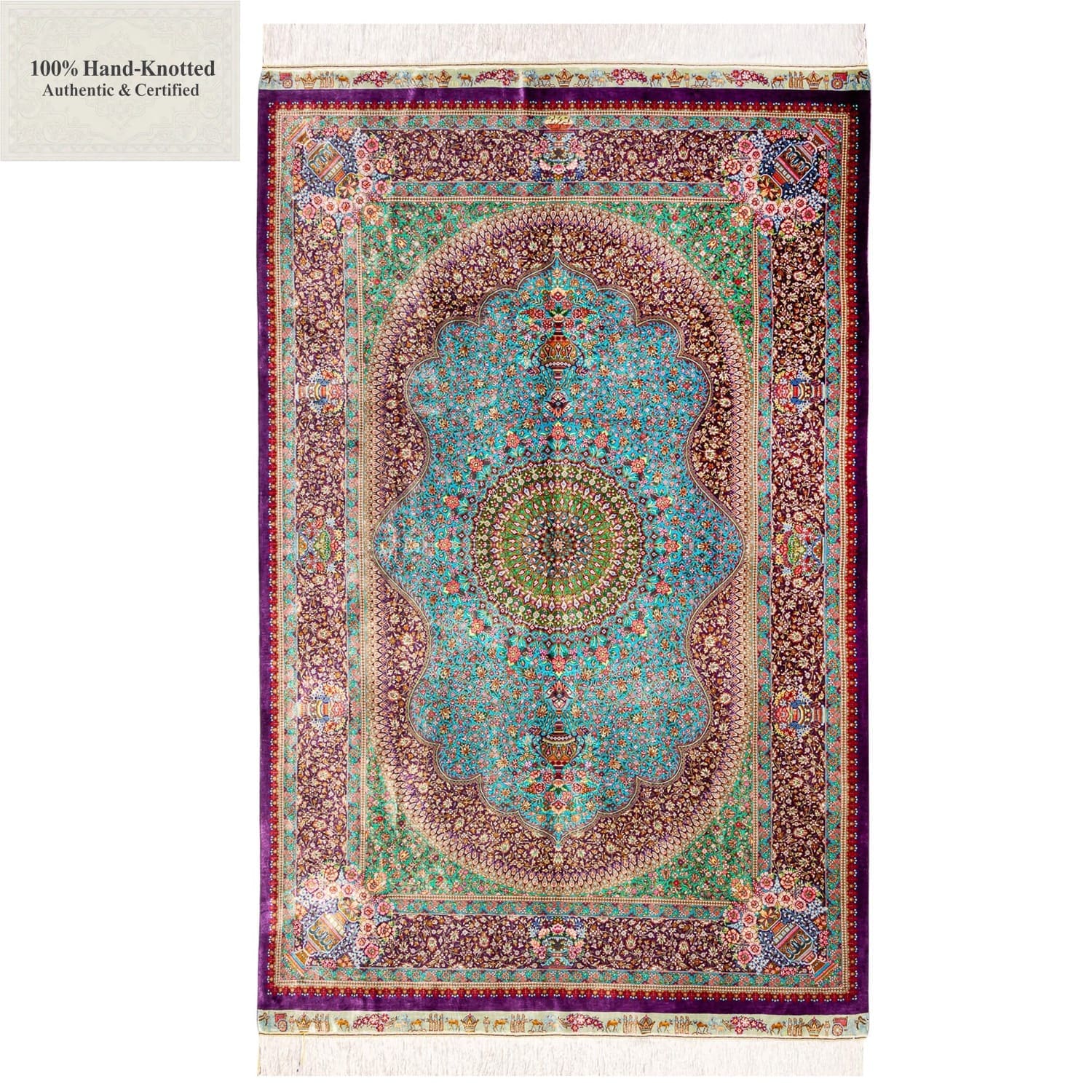 Perserteppich Qom 200 x 133 cm Seide 70 Raj handgeknüpft "Arablou" signiert