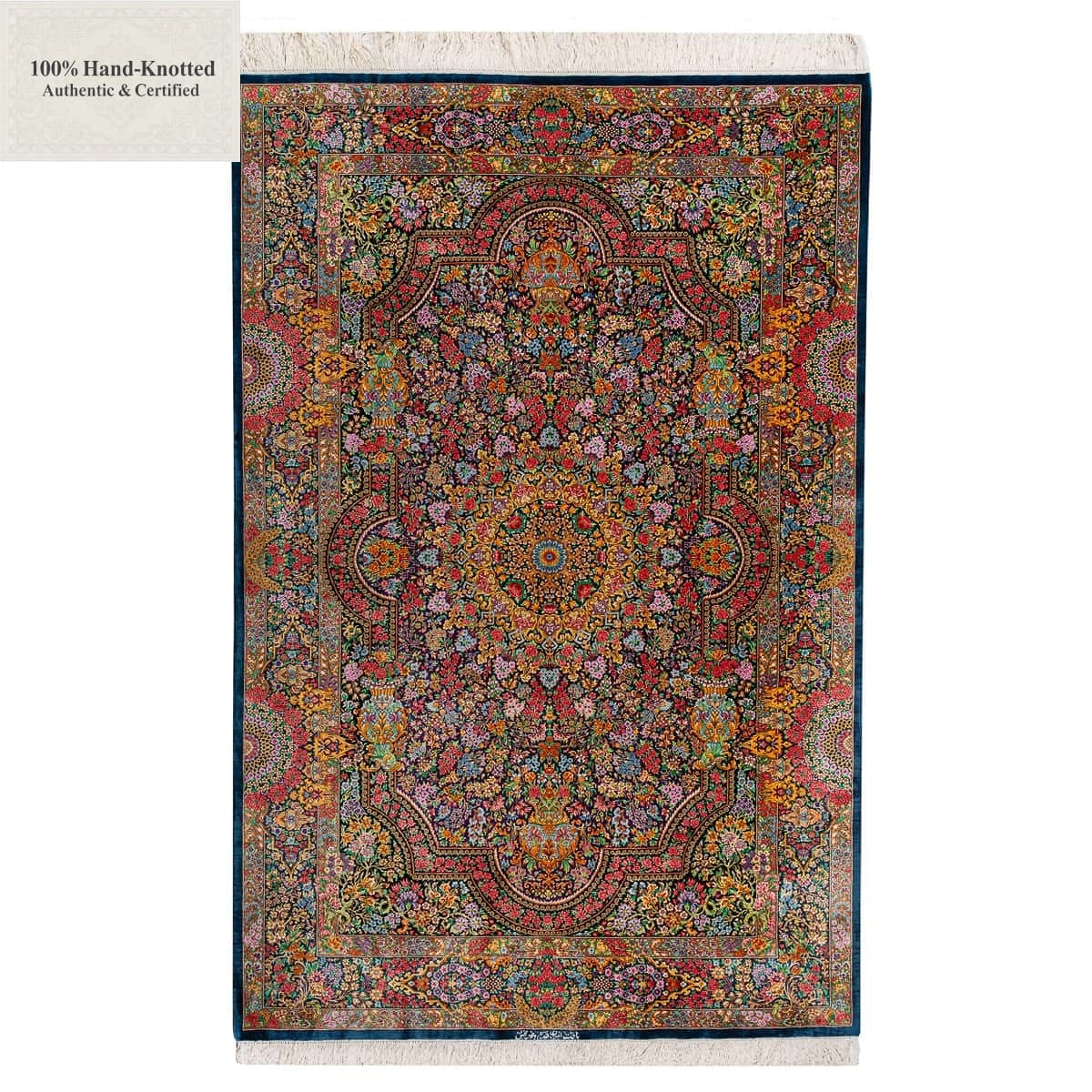 Perserteppich Qom 200 x 130 cm Seide handgeknüpft 70 Raj 1 Mio.Qm "Mehrbakhsh" signiert
