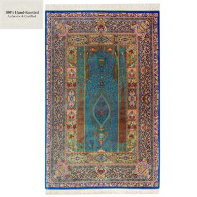 Perserteppich Qom 200 x 136 cm Seide handgeknüpft „Arablou“ signiert