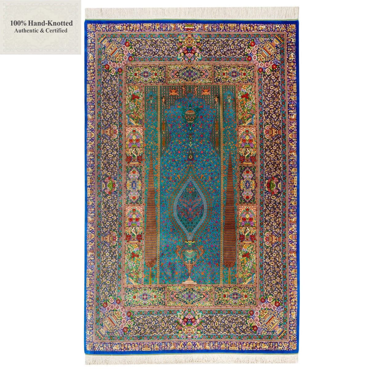 Perserteppich Qom 200 x 136 cm Seide handgeknüpft "Arablou" signiert H1