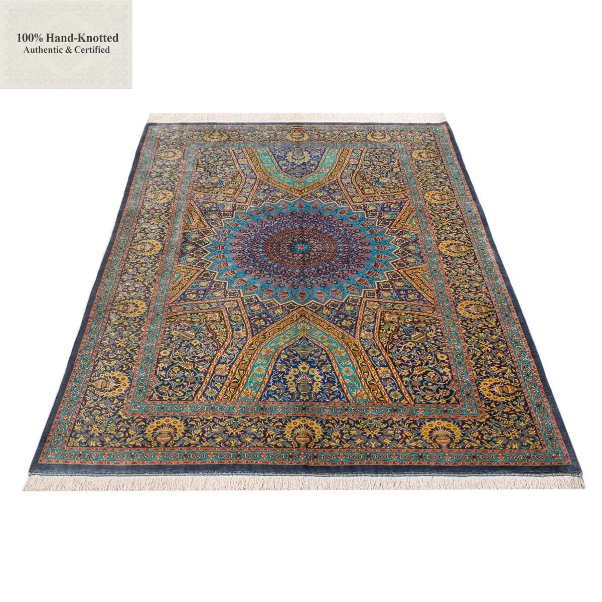 Perserteppich Qom 202 x 133 cm Seide 70 Raj 1.1Mio./Qm handgeknüpft "Arablou" signiert H1