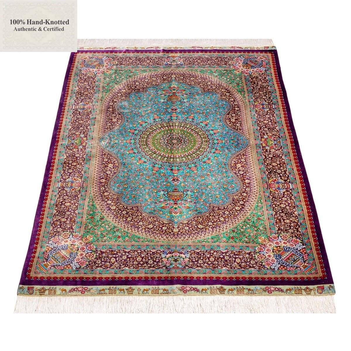 Perserteppich Qom 200 x 133 cm Seide 70 Raj handgeknüpft "Arablou" signiert