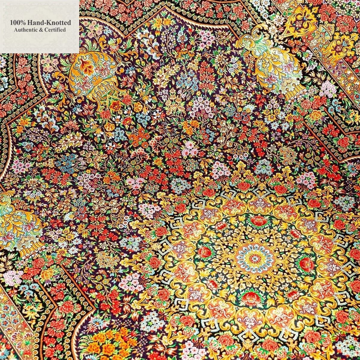 Perserteppich Qom 200 x 130 cm Seide handgeknüpft 70 Raj 1 Mio.Qm "Mehrbakhsh" signiert