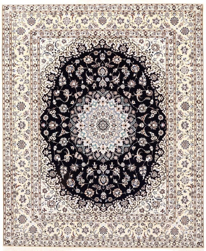 Perserteppich Nain 6La 254 x 210 cm Wolle handgeknüpft Blau-Türkis "Habibian" signiert H1