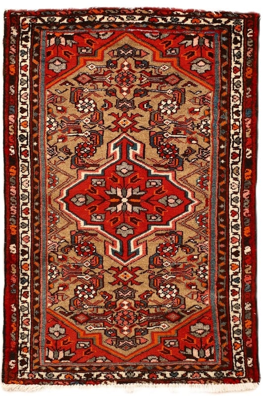 Perserteppich Hamadan 95 x 63 cm Wolle handgeknüpft Rot-Orange