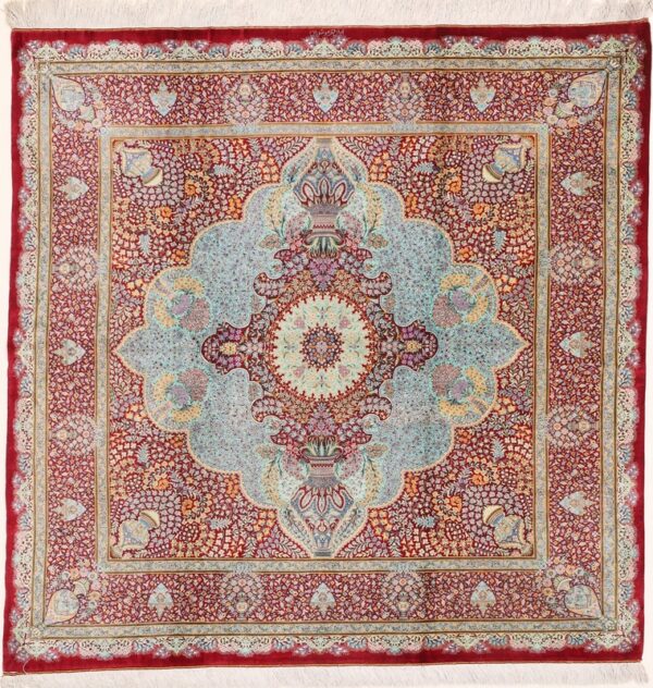 Perserteppich Ghom 196 x 196 cm Seide handgeknüpft Rot-Orange "Musavian" signiert H1