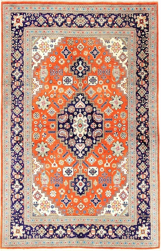 Perserteppich 122 x 79 cm Seide handgeknüpft Rot-Orange