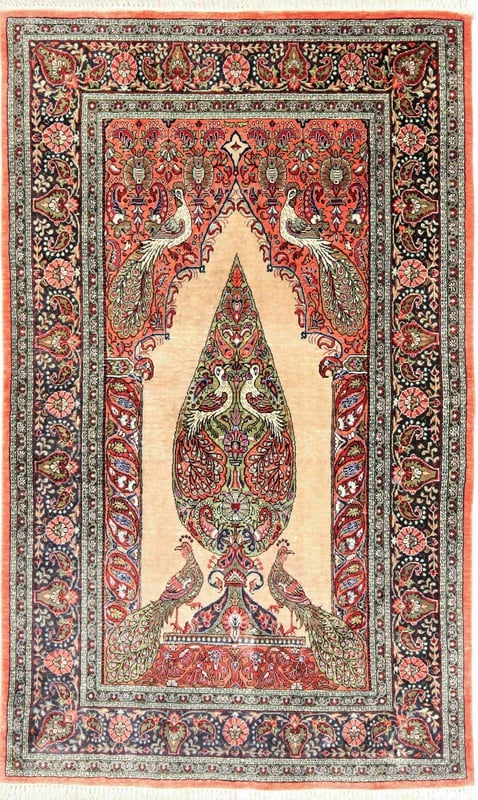 Perserteppich Ghom 125 x 77 cm Seide handgeknüpft Rot-Orange