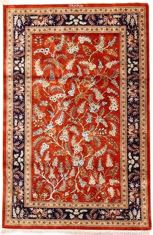 Perserteppich 150 x 98 cm Seide handgeknüpft Rot-Orange
