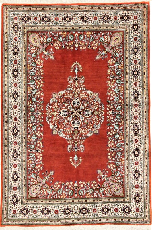 Perserteppich Ghom 151 x 102 cm Seide handgeknüpft rot-orange