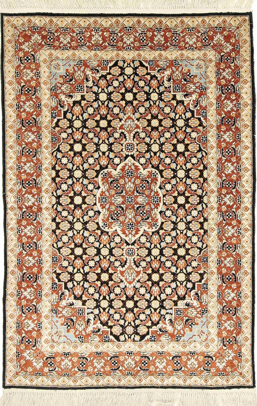 Orientteppich China 93 x 57 cm Seide handgeknüpft Weiß-Beige