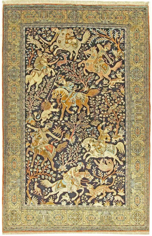 Perserteppich Ghom 206 x 139 cm Seide handgeknüpft Antik