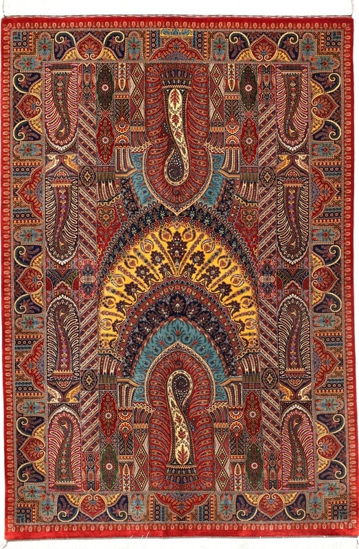 Perserteppich Ghom 205 x 140 cm Seide handgeknüpft rot-orange