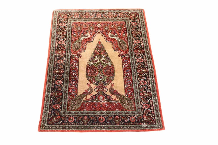 Perserteppich Ghom 125 x 77 cm Seide handgeknüpft Rot-Orange