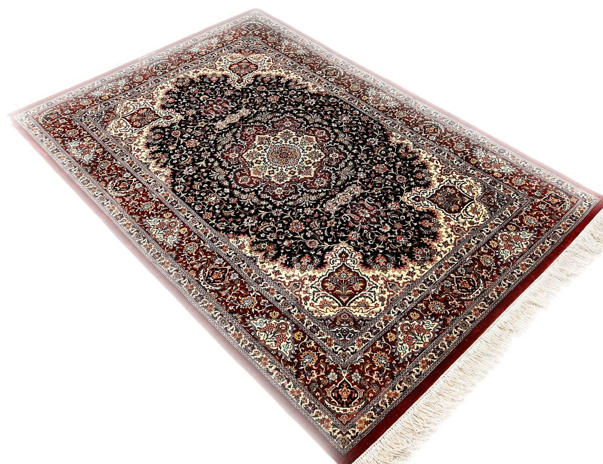 Ghom Seidenteppich signiert „Miveh-Chi“ 154 x 102 cm Seide auf Seidenkette