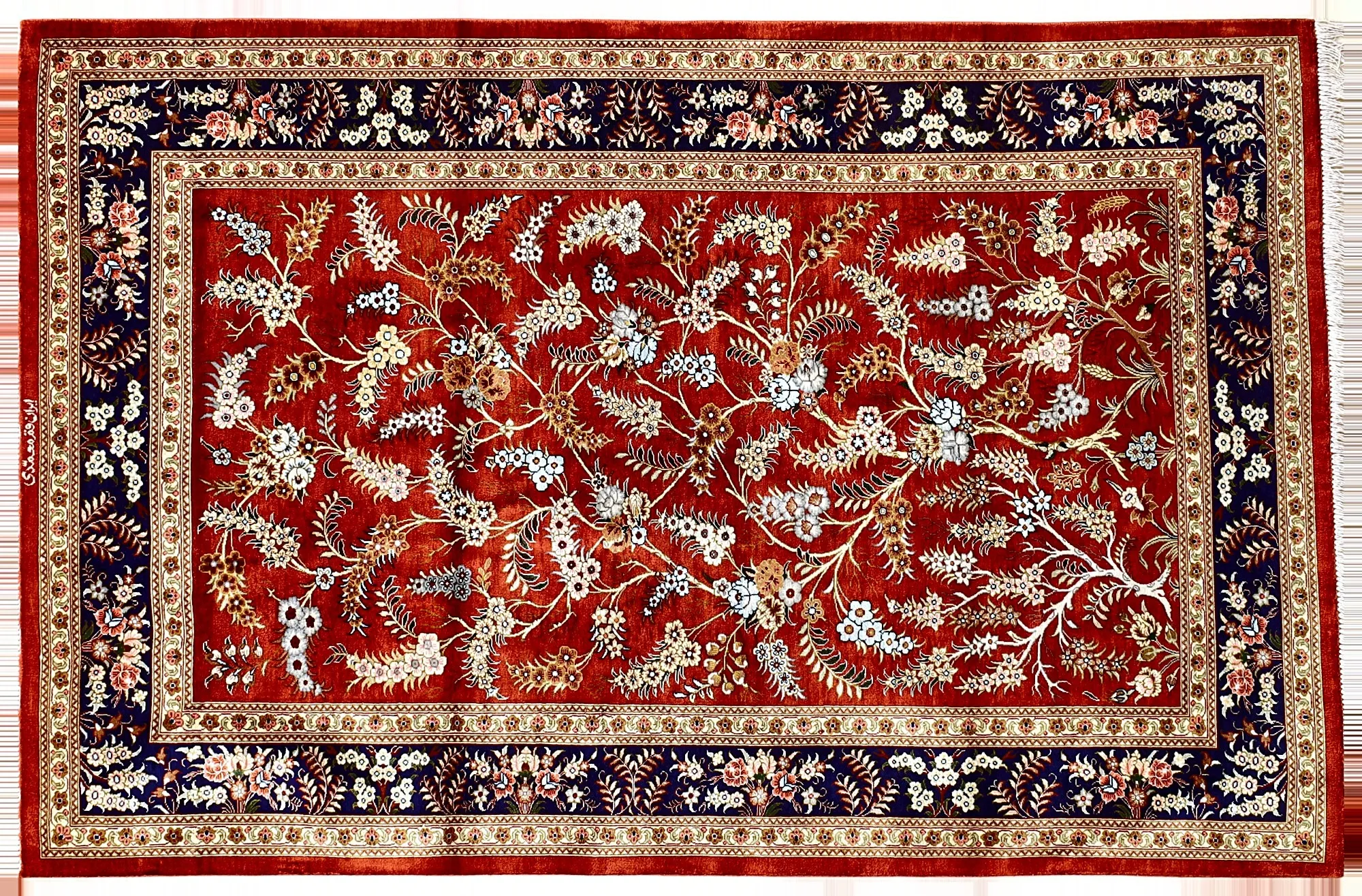 Ghom Seidenteppich signiert „Motamedi“ 150 x 98 cm Seide auf Seidenkette