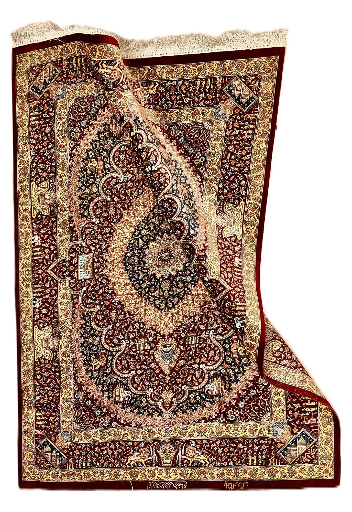 Ghom Seidenteppich signiert „Rezai Gebrüder“ 118 x 80 cm Seide auf Seidenkette
