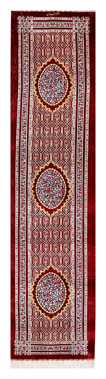 Ghom Seidenteppich signiert „Mohammad Labbafan“ 308 x 80 cm Seide auf Seidenkette H1