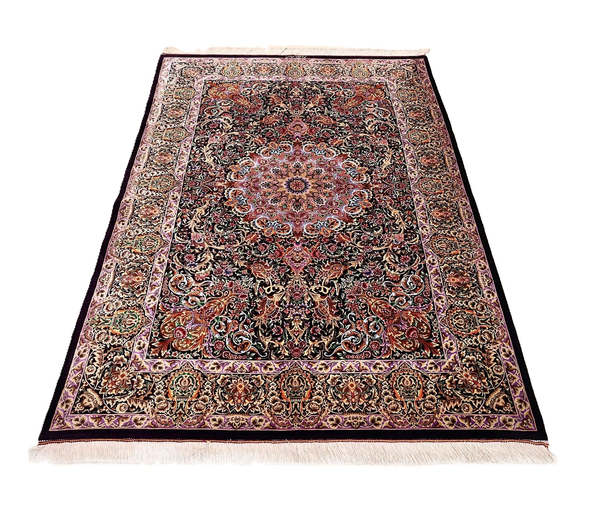Ghom Seidenteppich signiert „Abbasi“ 195 x 136 cm Seide auf Seidenkette H1