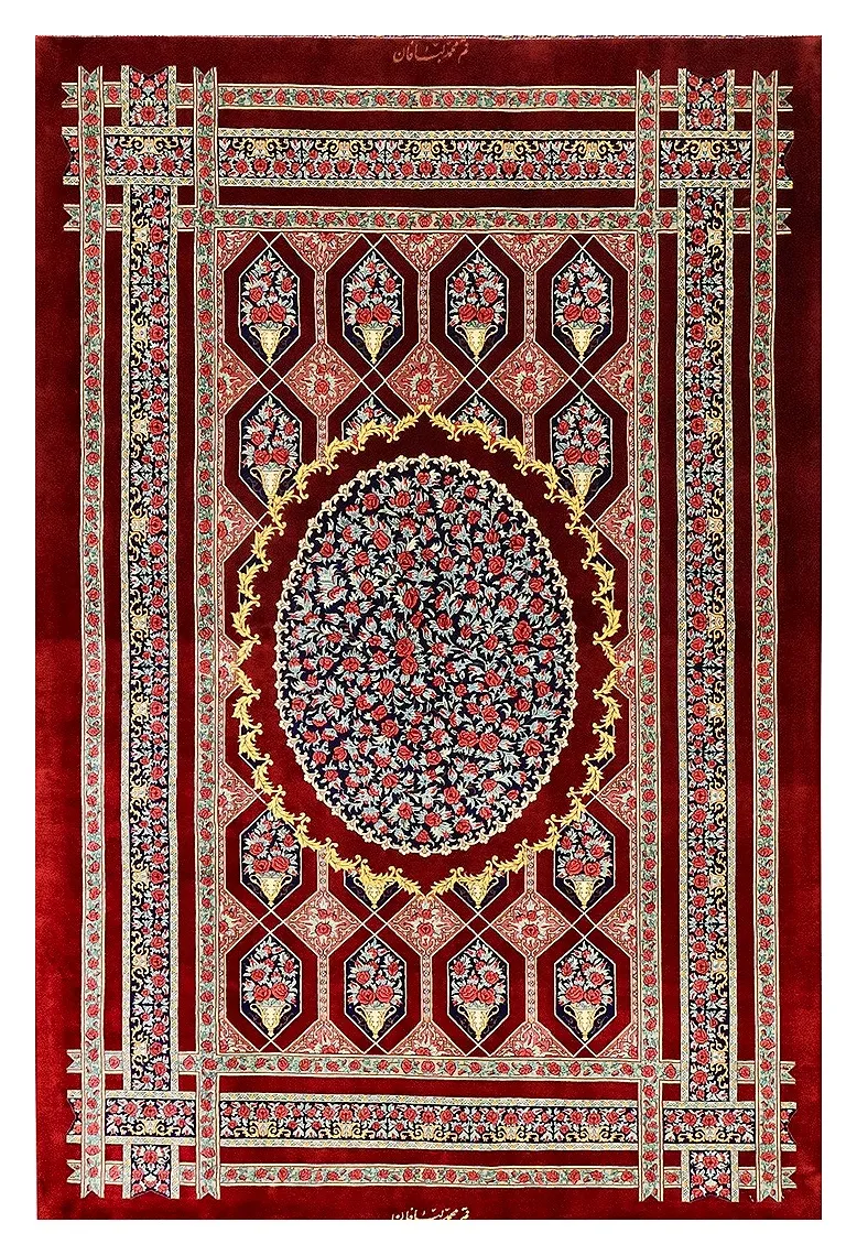Ghom Seidenteppich signiert „Labbafan“ 200 x 130 cm Seide auf Seidenkette H1