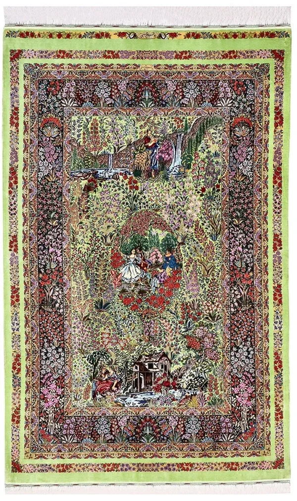 Ghom Seidenteppich signiert „Haj Hosseini“ 209 x 135 cm Seide auf Seidenkette H1