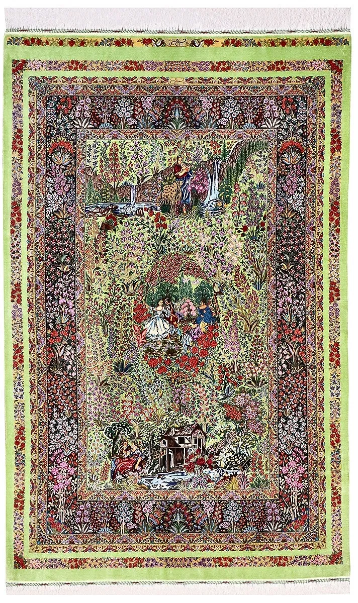 Ghom Seidenteppich signiert „Haj Hosseini“ 209 x 135 cm Seide auf Seidenkette H1