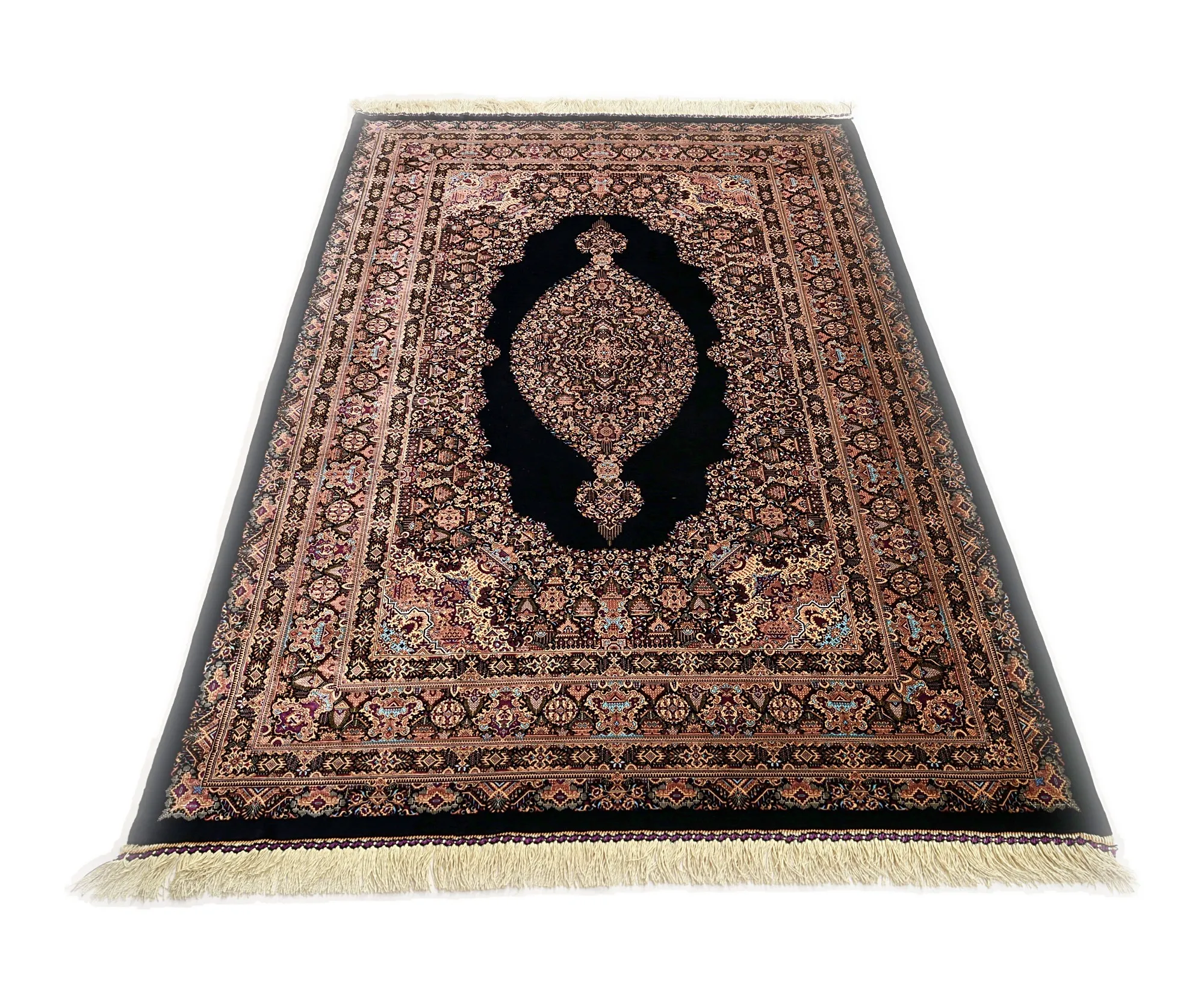Ghom Seidenteppich signiert „Memarian“ 205 x 135 cm Seide auf Seidenkette H1