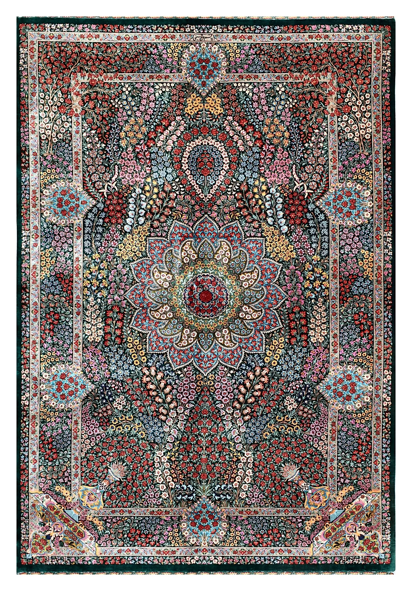 Ghom Seidenteppich signiert „Haj Hosseini“ 205 x 138 cm Seide auf Seidenkette H1