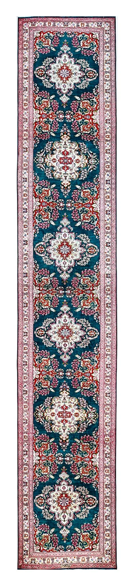 Ghom Seidenteppich signiert „MirMahdi“ 400 x 80 cm Seide auf Seidenkette H1