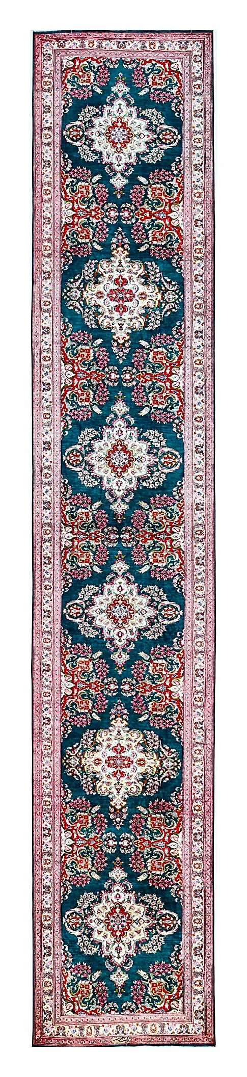 Ghom Seidenteppich signiert „MirMahdi“ 400 x 80 cm Seide auf Seidenkette