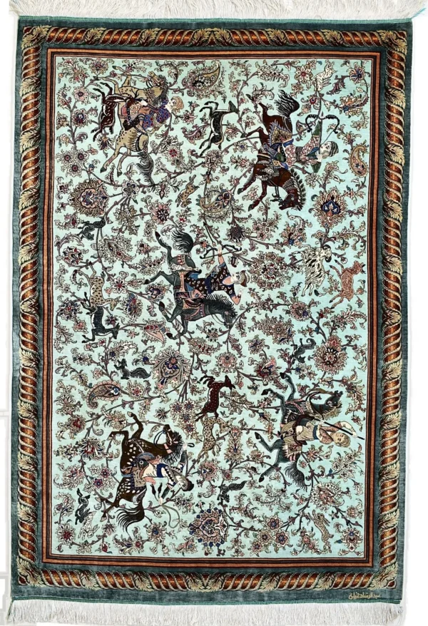 Ghom Seidenteppich signiert „Abdolreza Dakhili“ 202 x 138 cm Seide auf Seidenkette