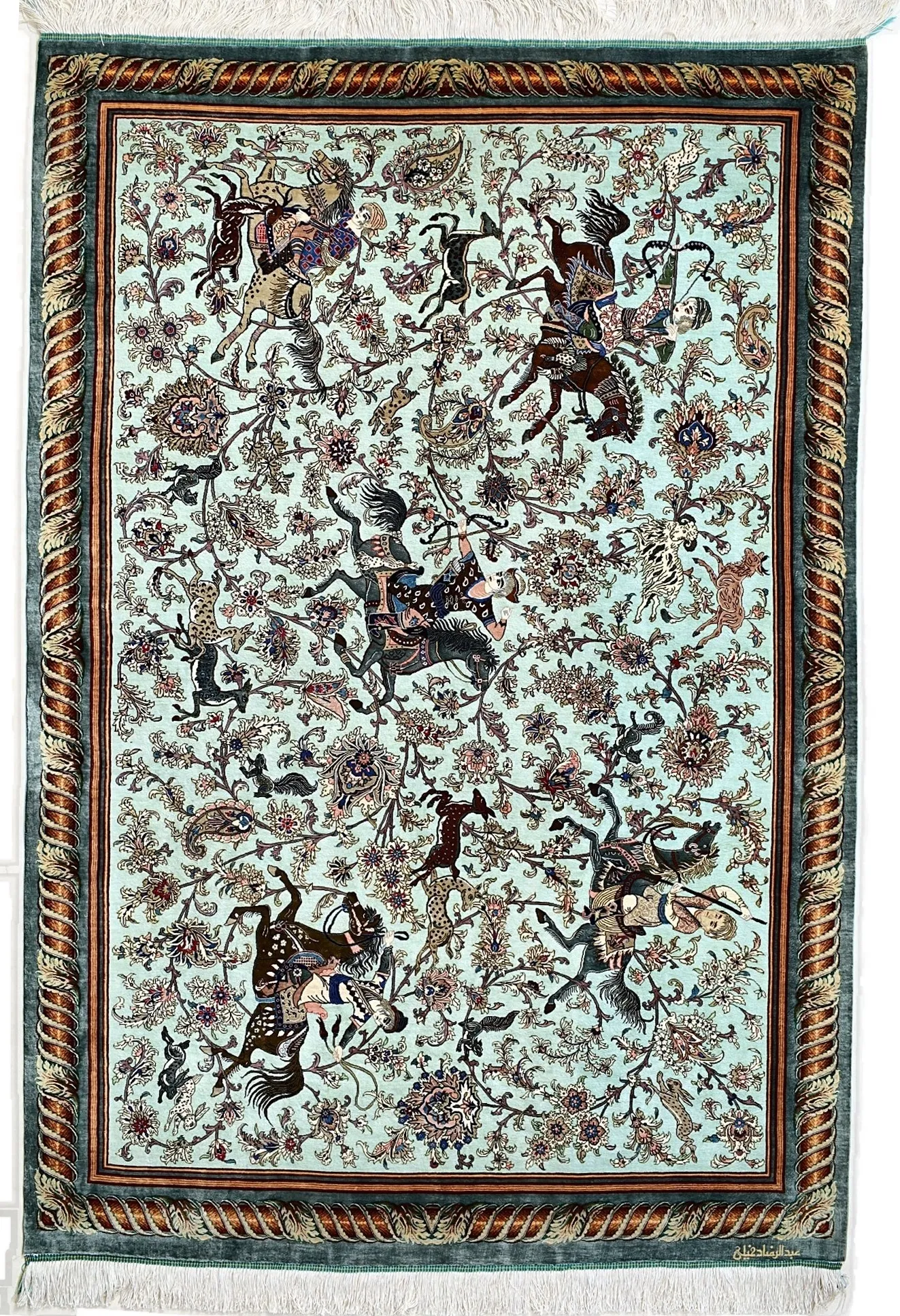 Ghom Seidenteppich signiert „Abdolreza Dakhili“ 202 x 138 cm Seide auf Seidenkette